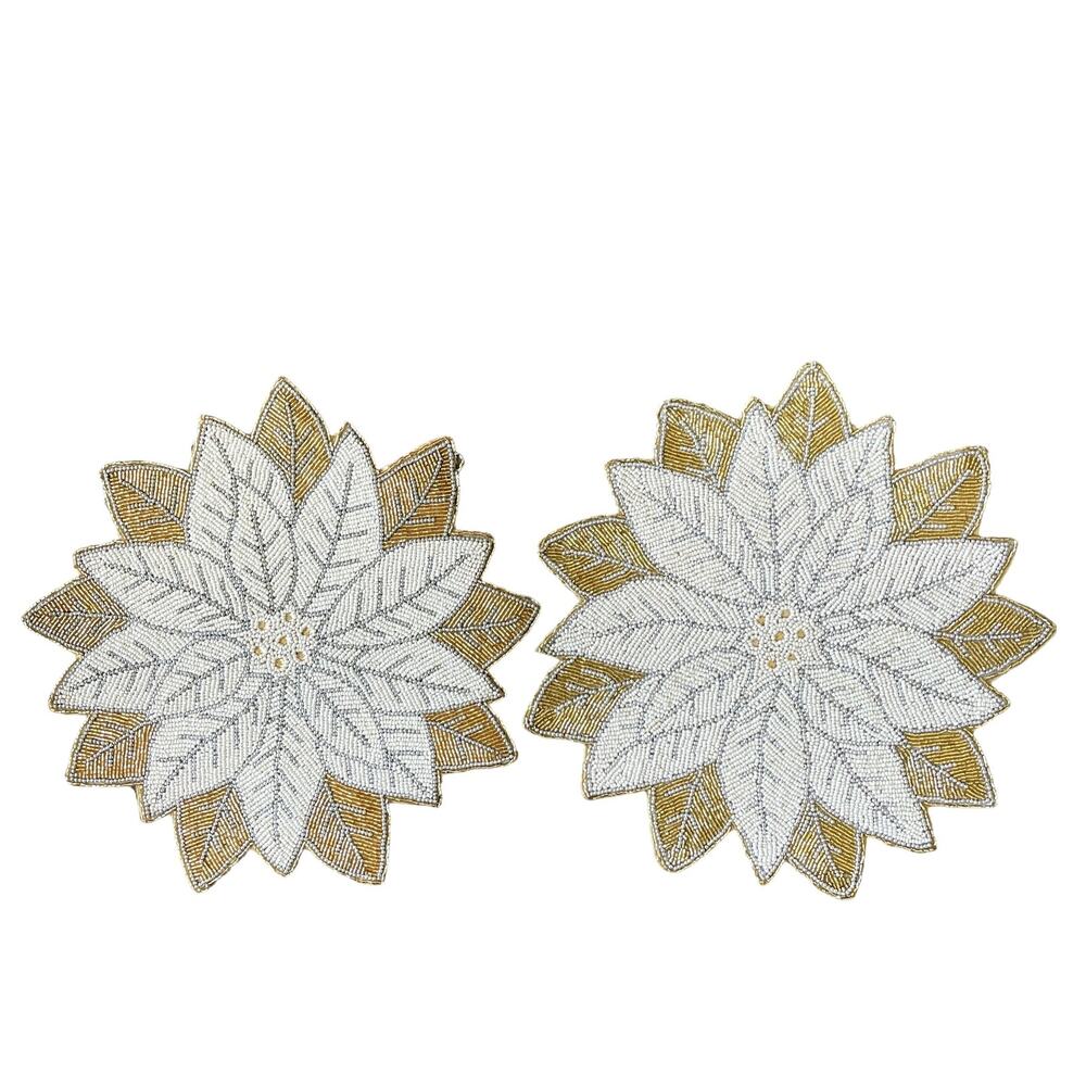 2pc Max Studio Handmade Beaded POINSETTIA Placemat Charger 15in Glam Gold Ivory